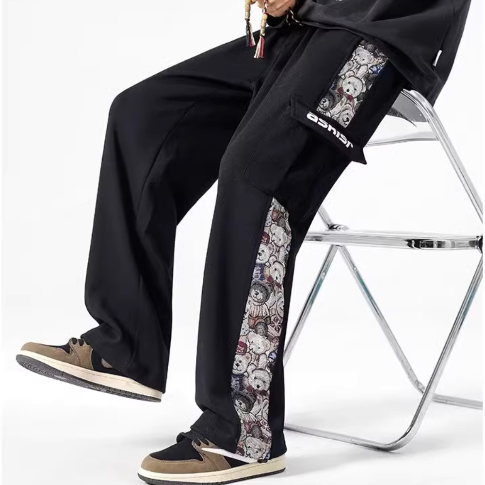 Japanese Bear Embroidered Pocket Sweatpants