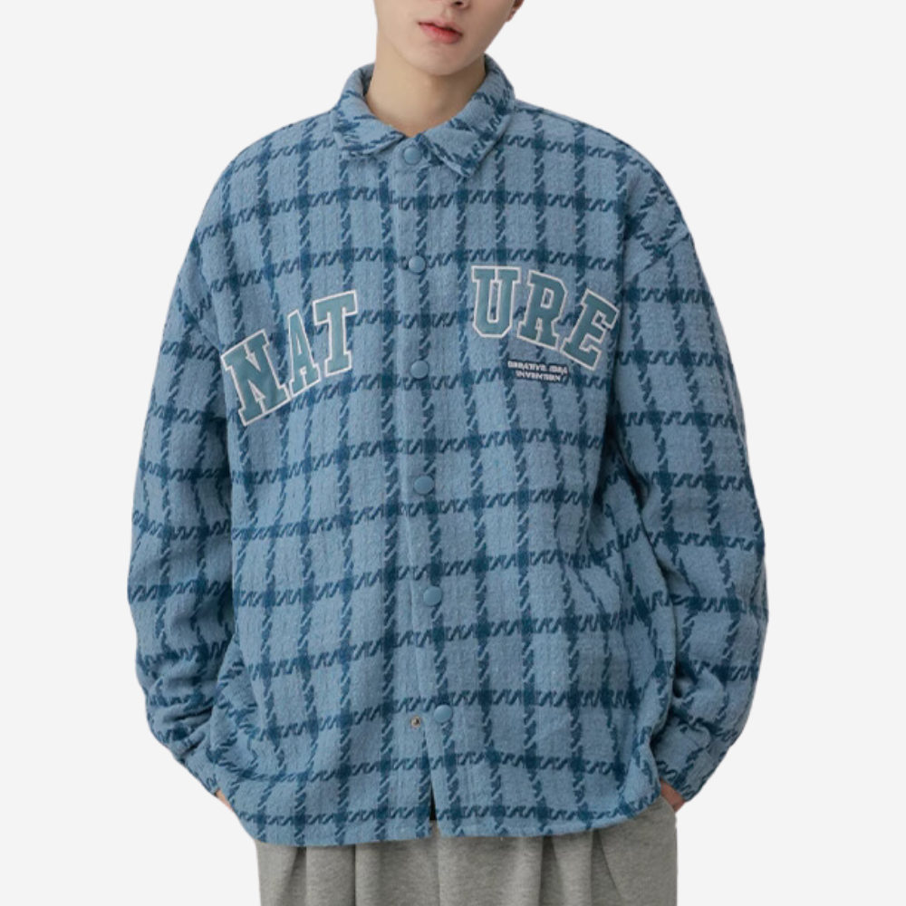 Plaid Leather Logo Embroidered Long Sleeves Shirt