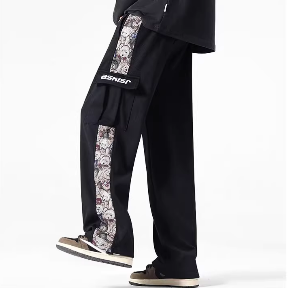 Japanese Bear Embroidered Pocket Sweatpants