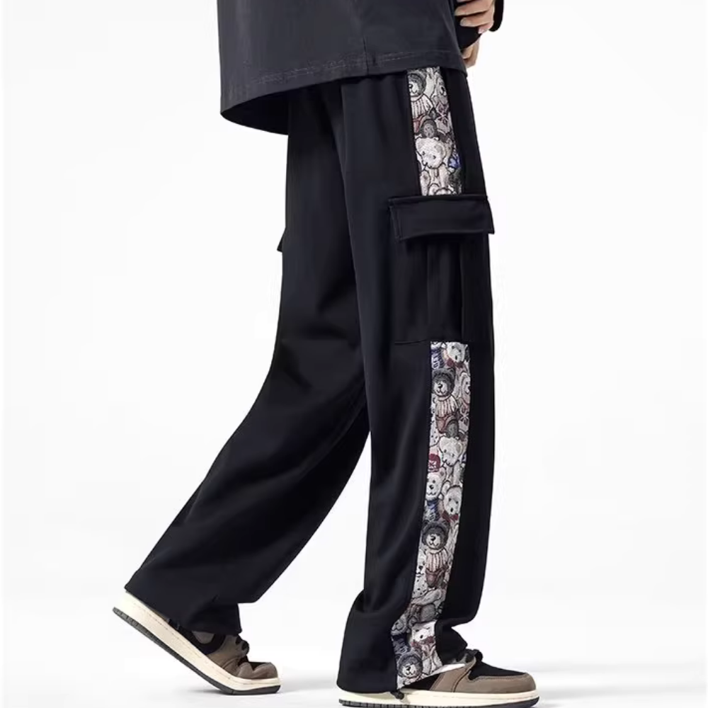 Japanese Bear Embroidered Pocket Sweatpants
