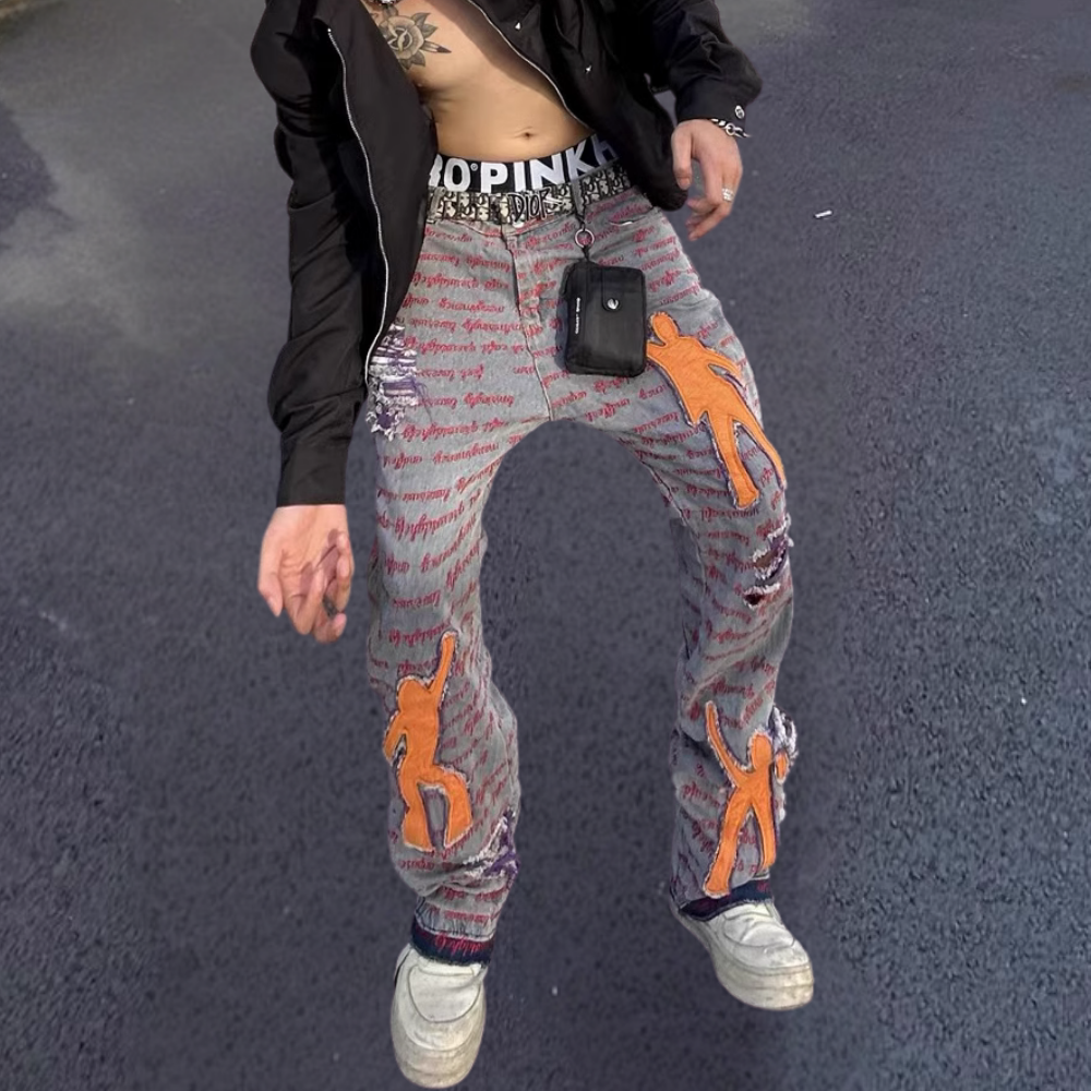 DF |Ripped Portrait Patch Embroidered Jeans