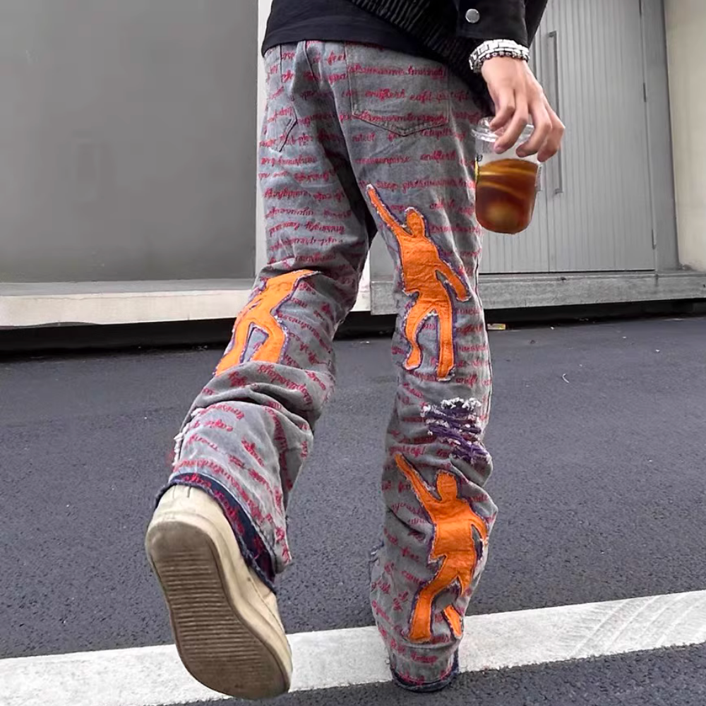 DF |Ripped Portrait Patch Embroidered Jeans