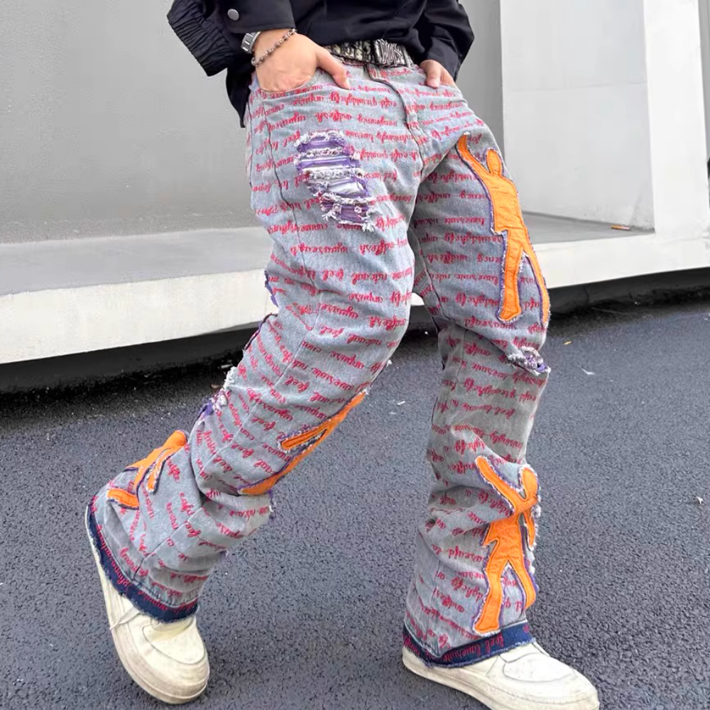 DF |Ripped Portrait Patch Embroidered Jeans