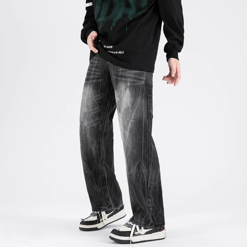 Street-Worn Washed Straight-Leg Jeans
