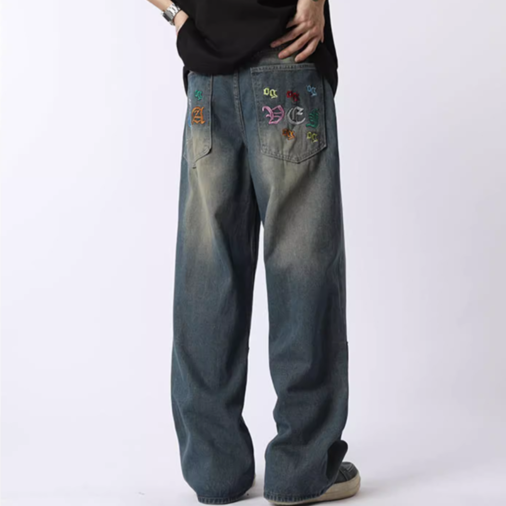 Distressed 3D Embroidered Whisker Jeans