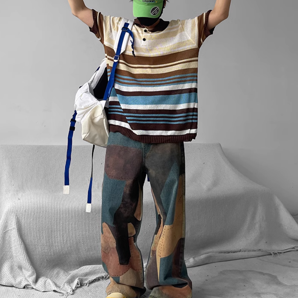 DF |Digital Print Contrast Color Stitching Jeans