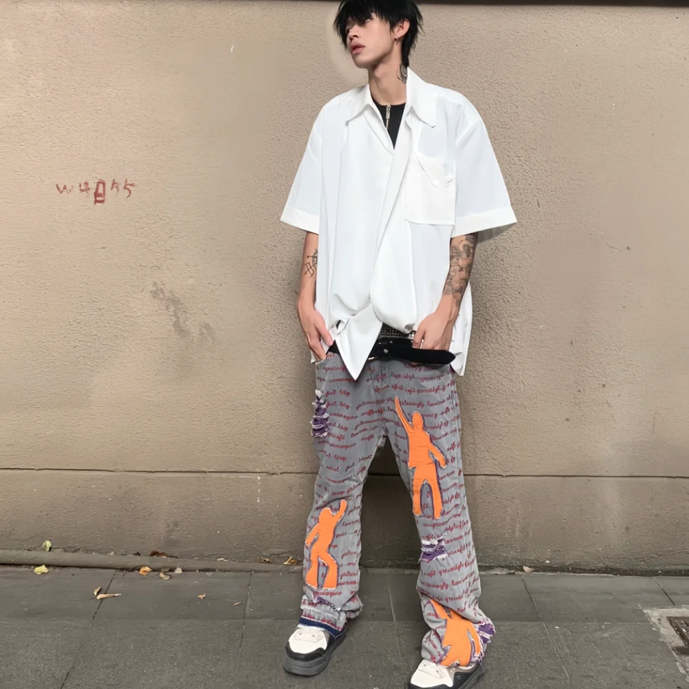 DF |Ripped Portrait Patch Embroidered Jeans