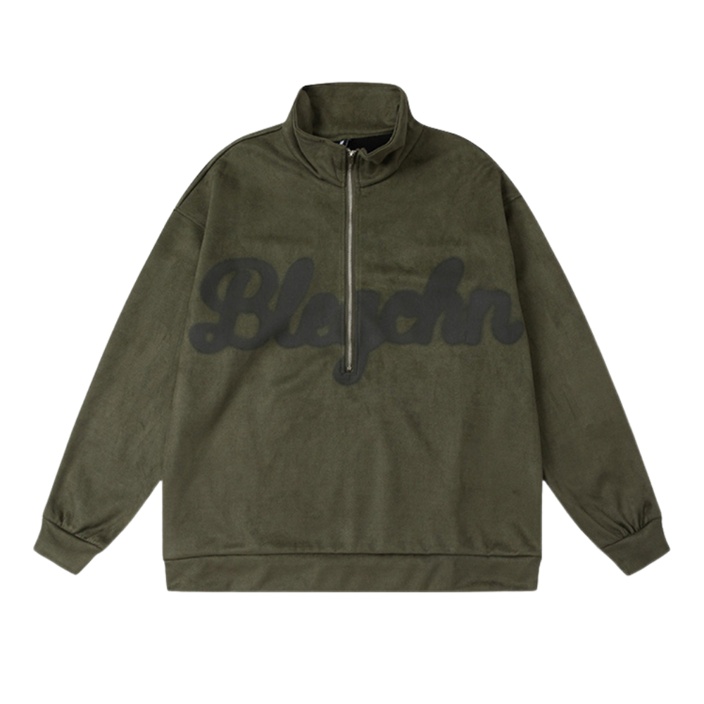 Distressed Suede Half-Zip Polo Sweatshirt