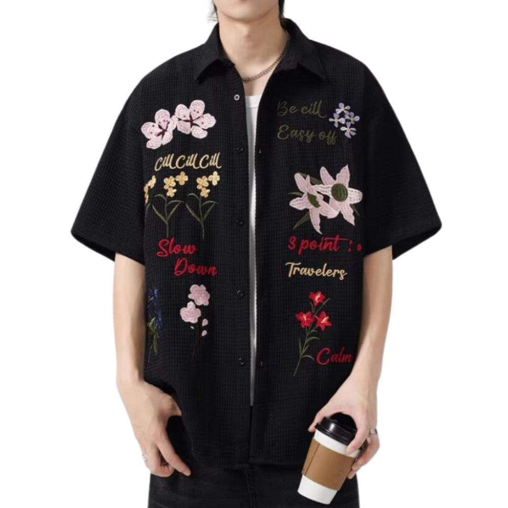 Retro Floral Embroidered Waffle Shirt