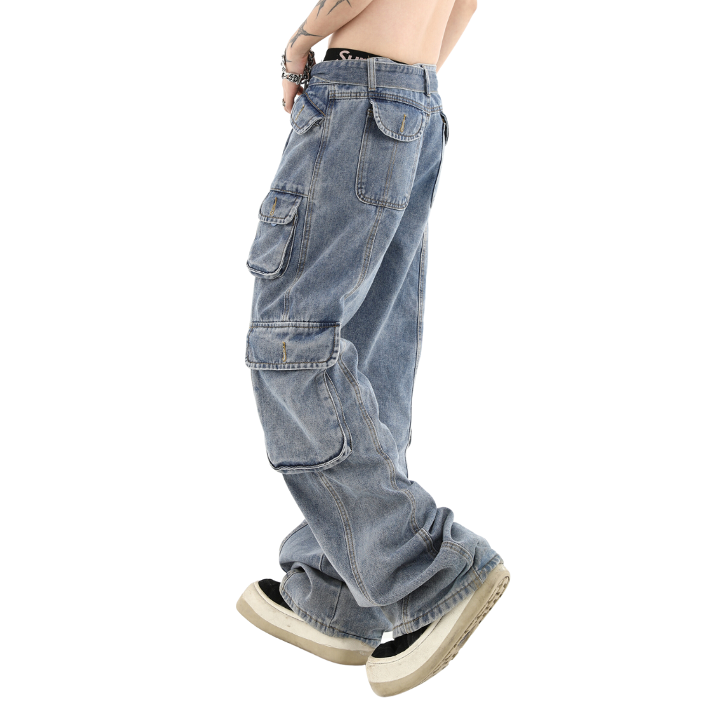 Street Multi Pocket Solid Cargo Jeans