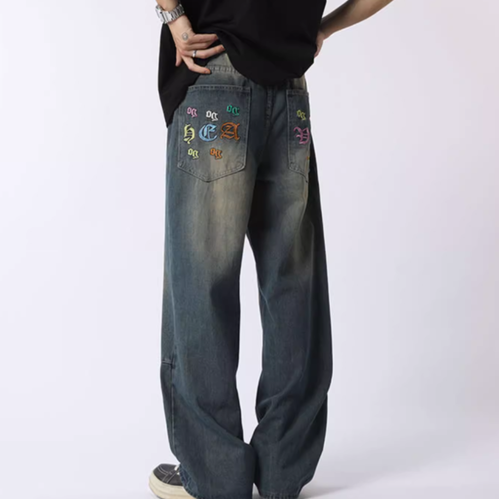 Distressed 3D Embroidered Whisker Jeans
