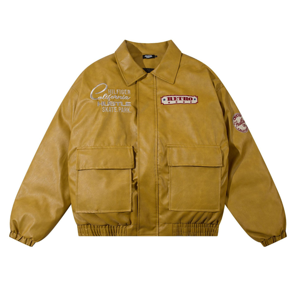 Letter Embroidered Lapel Leather Coat