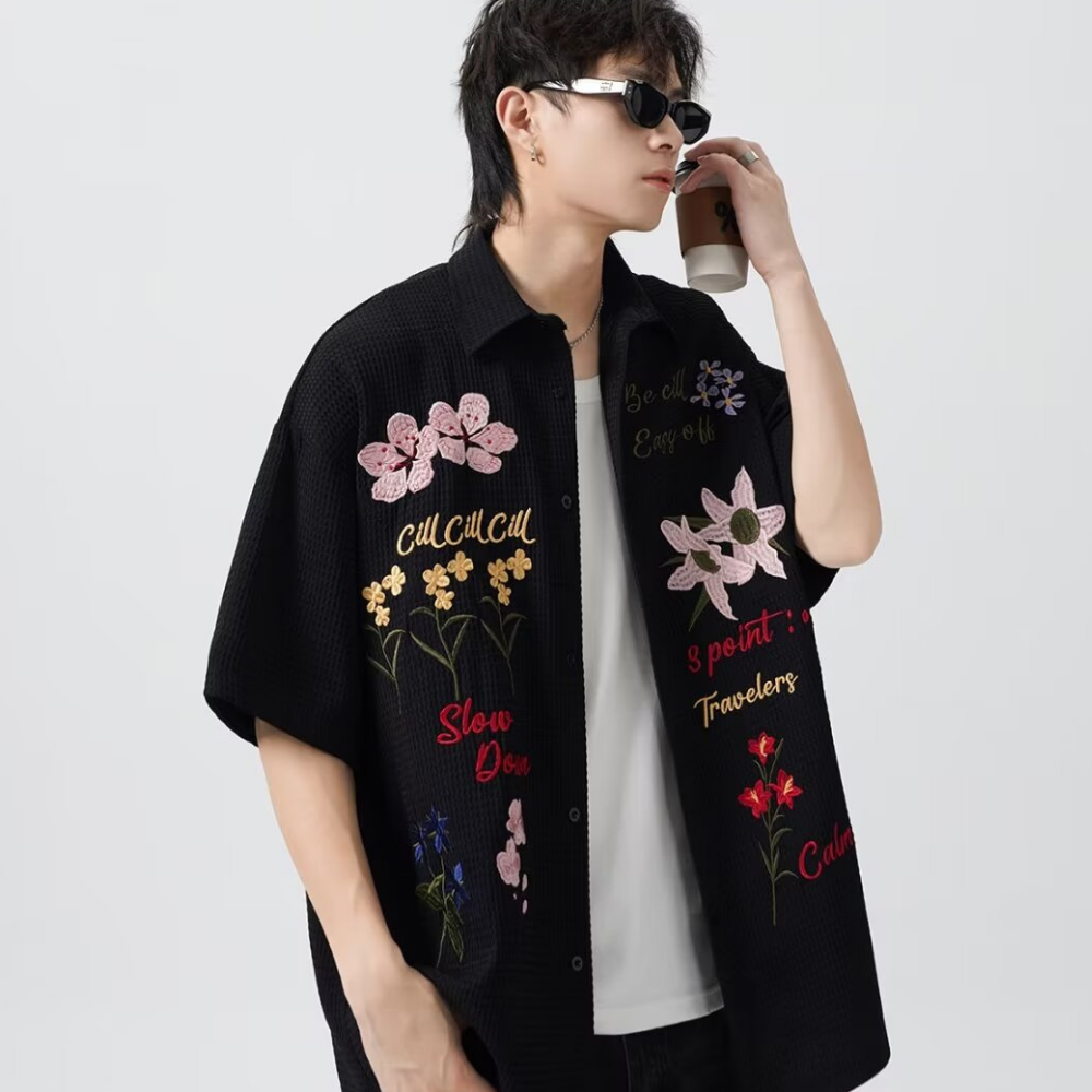 Retro Floral Embroidered Waffle Shirt