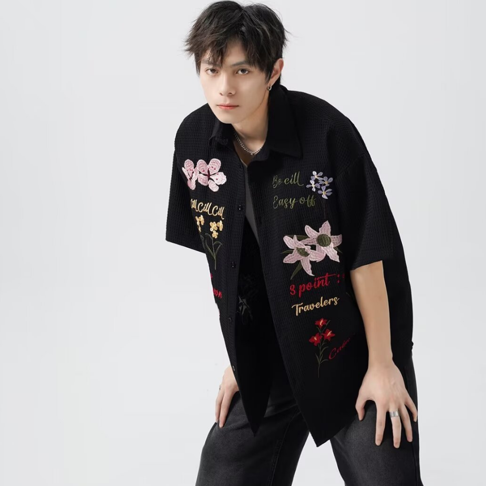 Retro Floral Embroidered Waffle Shirt
