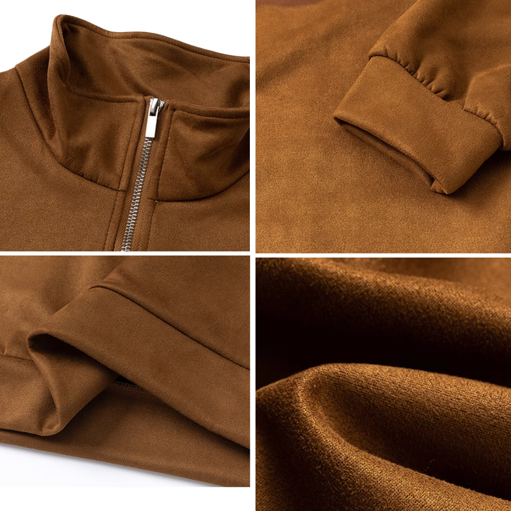 Distressed Suede Half-Zip Polo Sweatshirt