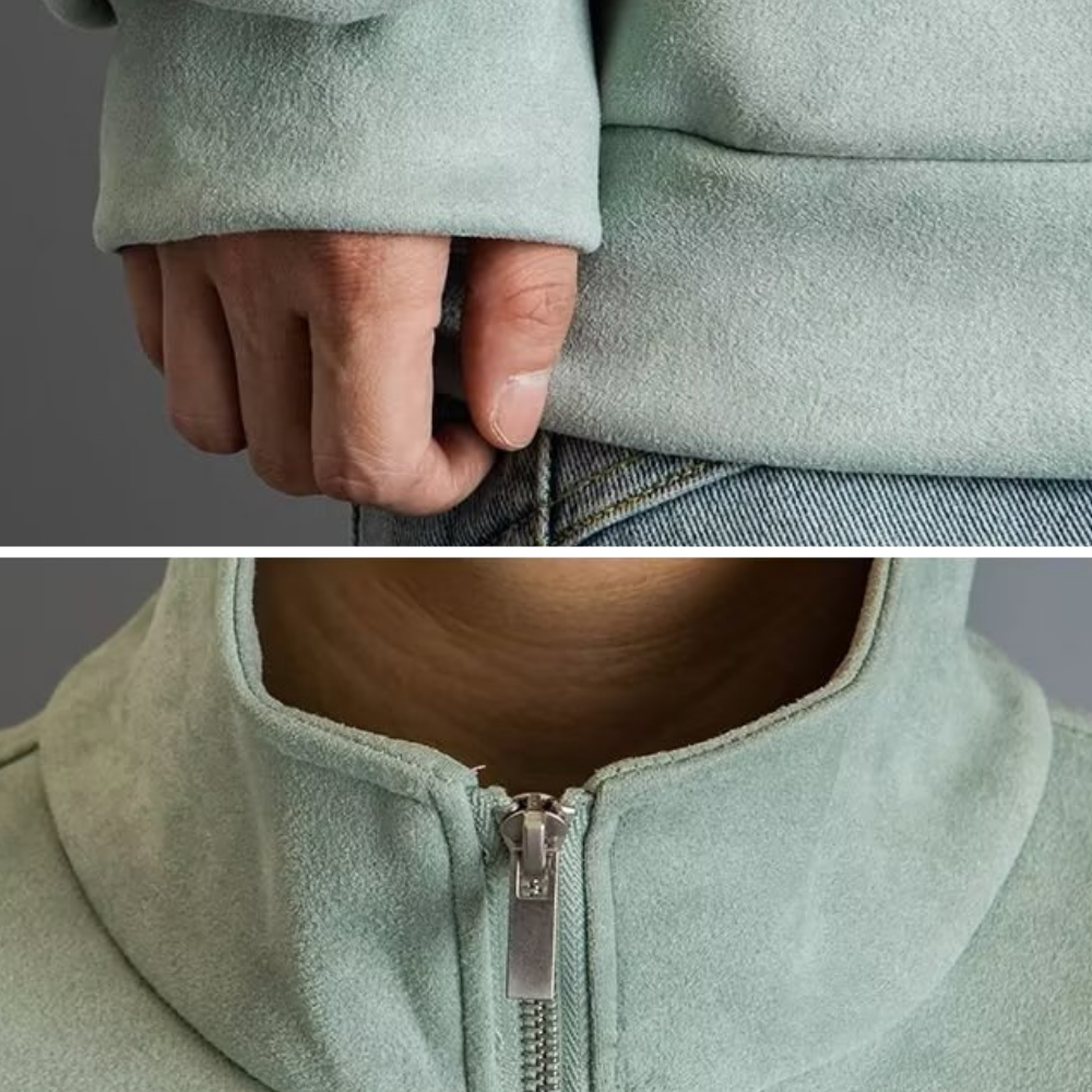 Distressed Suede Half-Zip Polo Sweatshirt