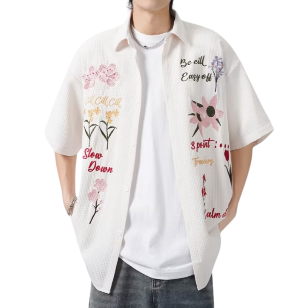 Retro Floral Embroidered Waffle Shirt