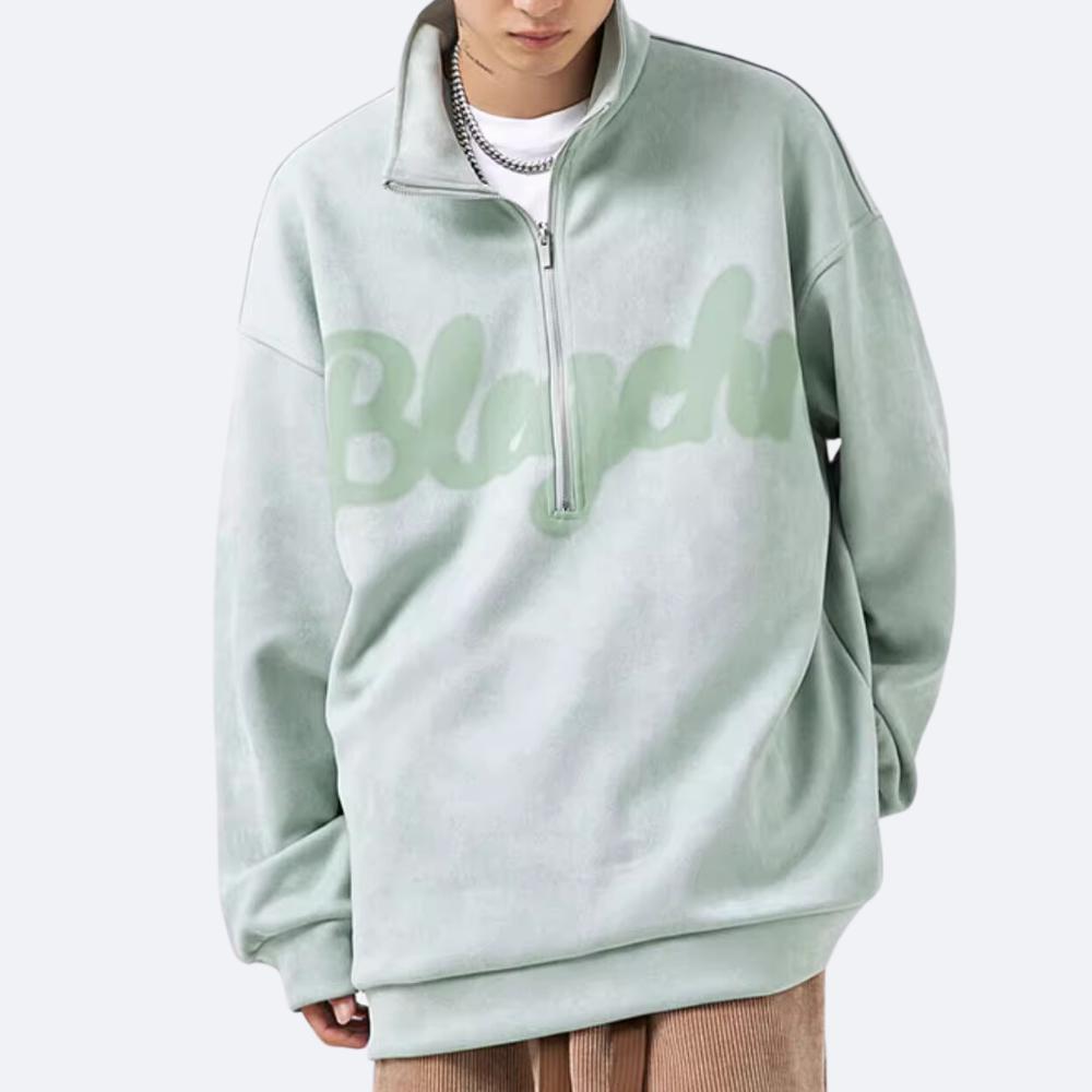 Distressed Suede Half-Zip Polo Sweatshirt