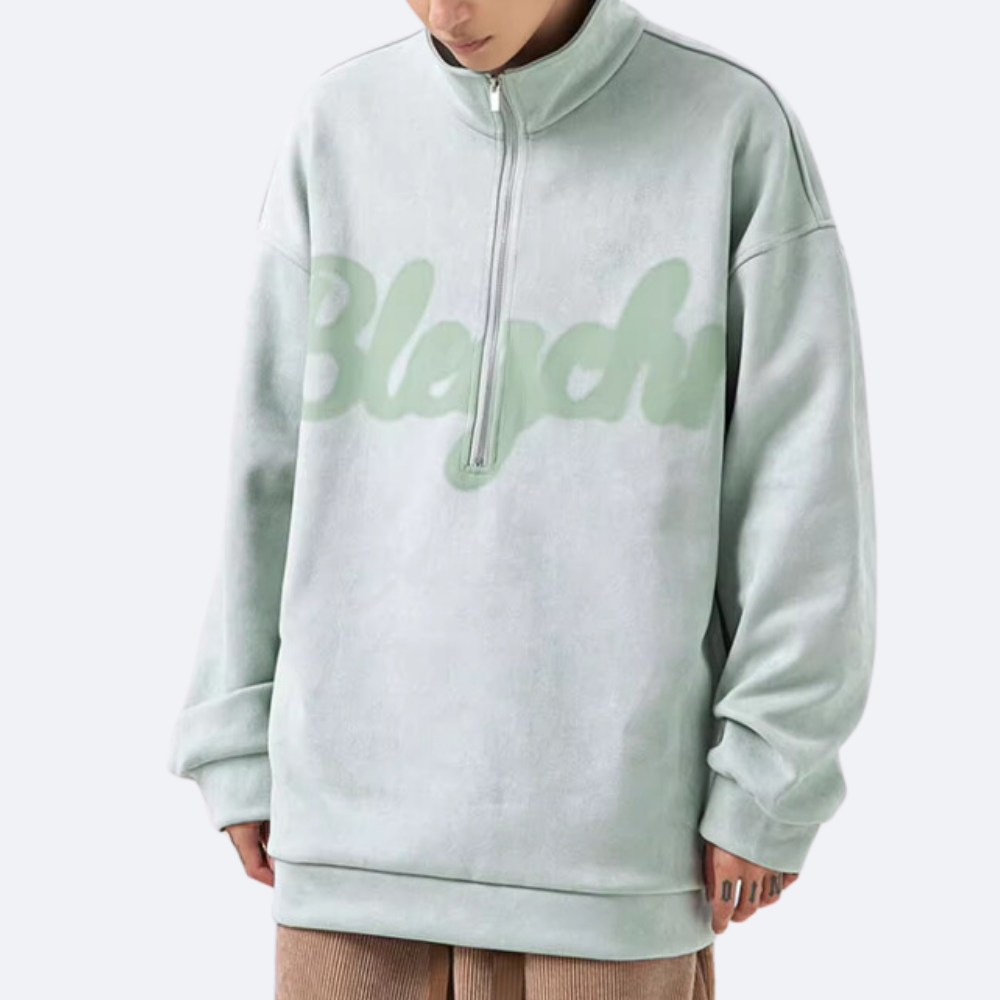 Distressed Suede Half-Zip Polo Sweatshirt