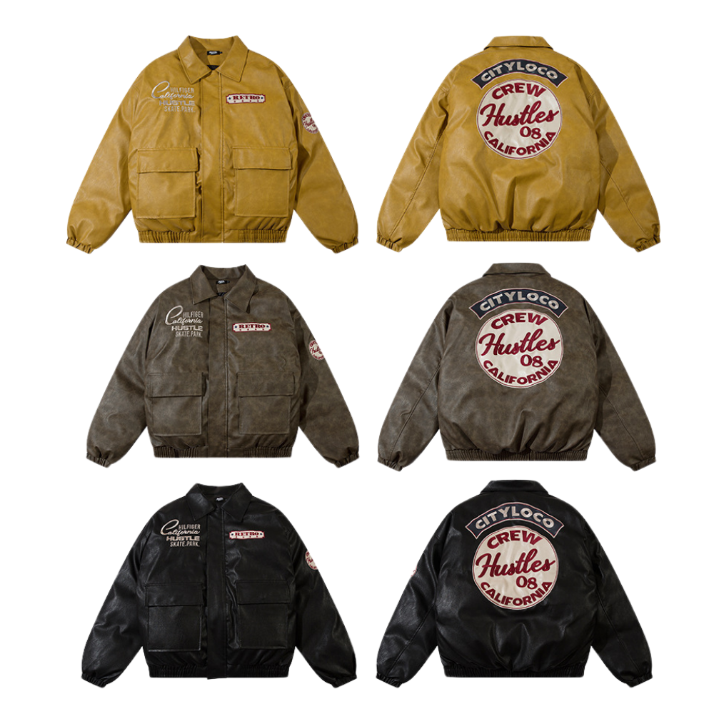 Letter Embroidered Lapel Leather Coat