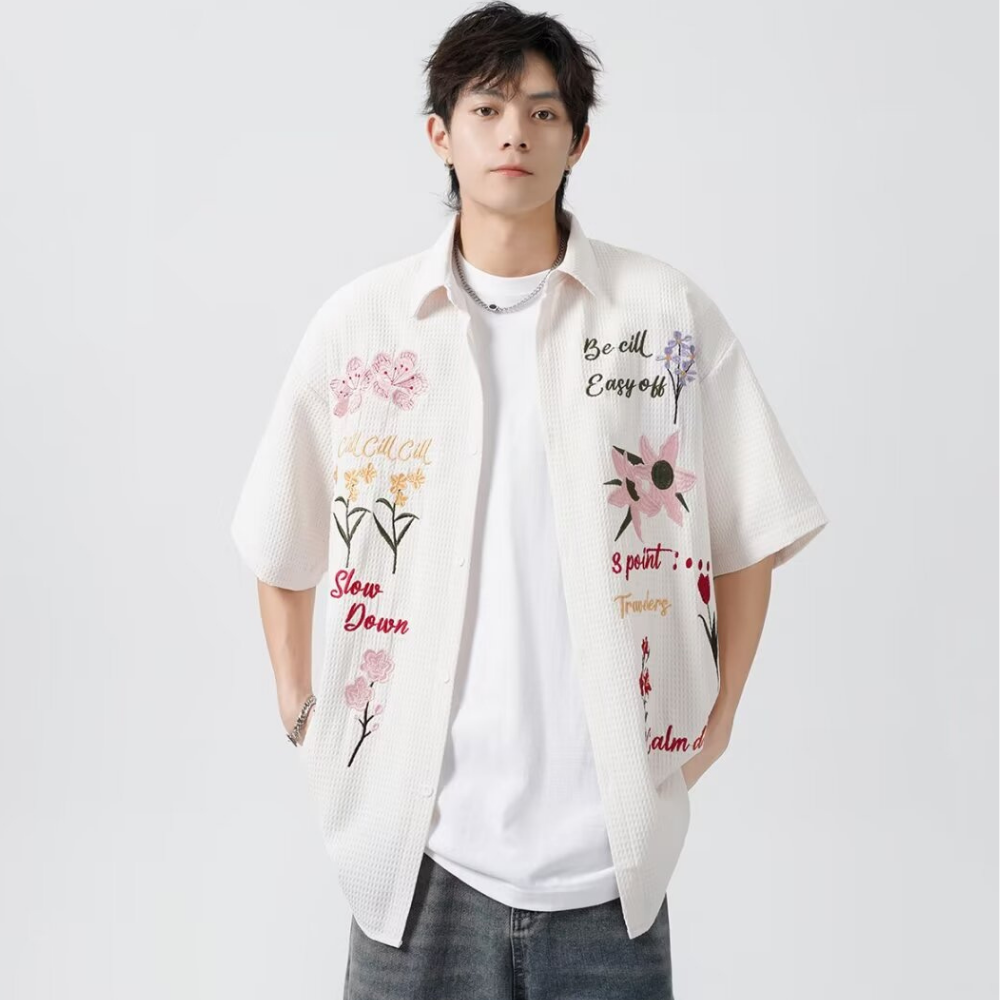 Retro Floral Embroidered Waffle Shirt