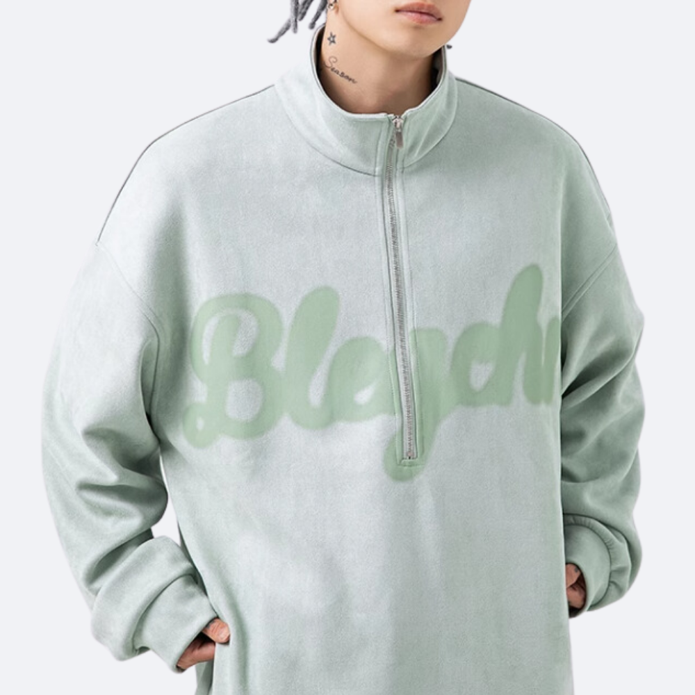 Distressed Suede Half-Zip Polo Sweatshirt