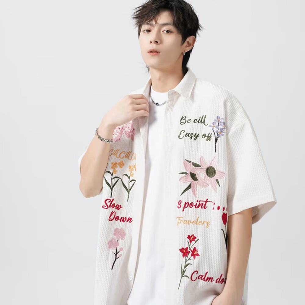 Retro Floral Embroidered Waffle Shirt