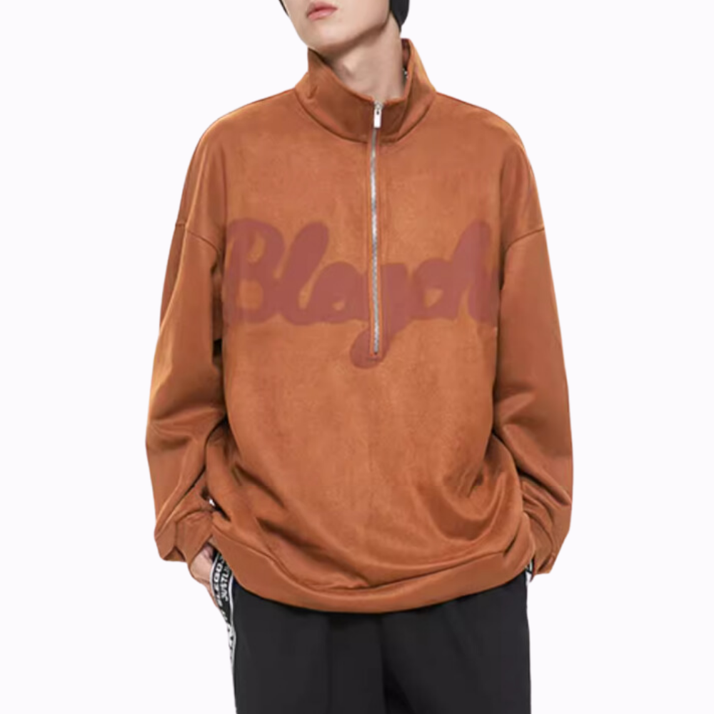 Distressed Suede Half-Zip Polo Sweatshirt