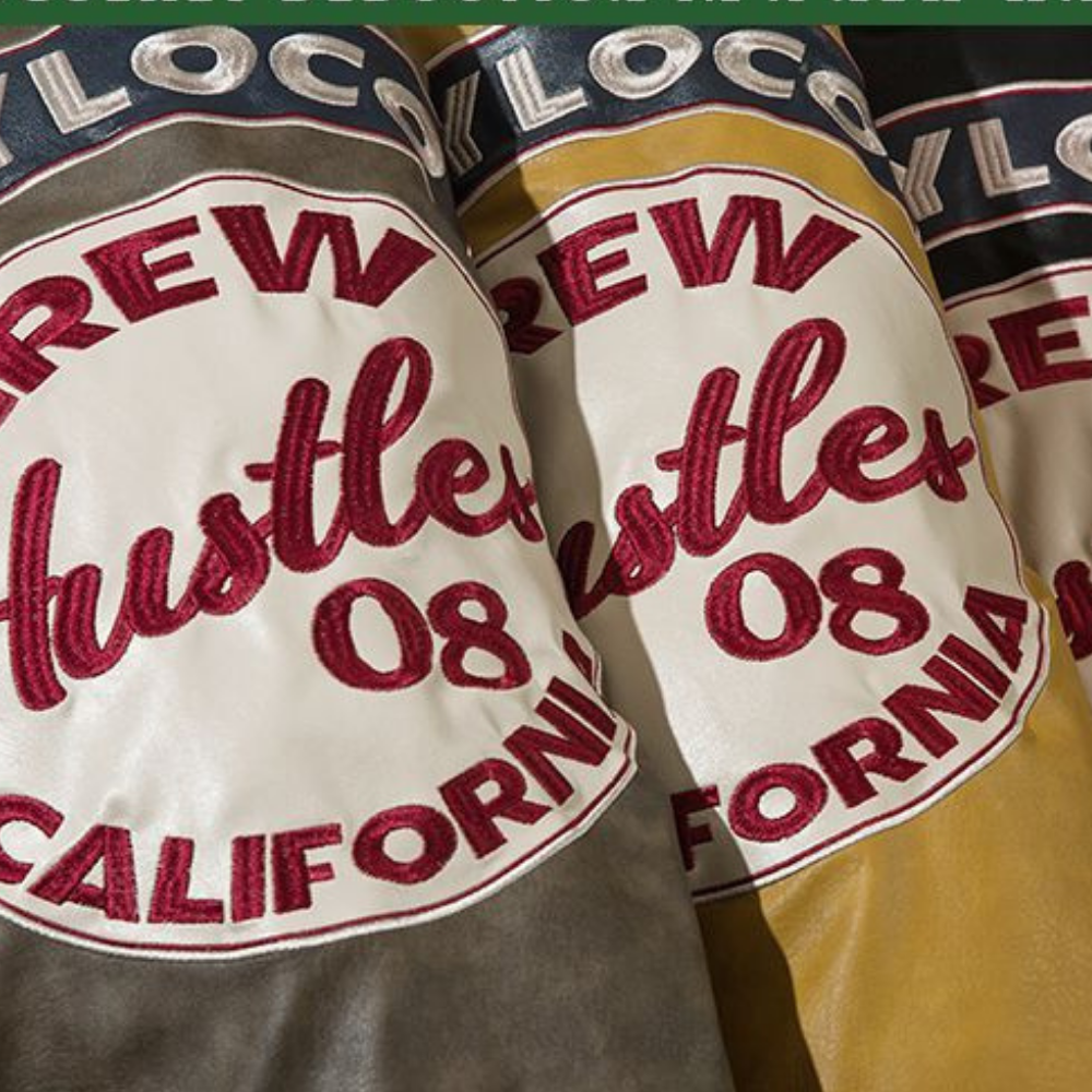 Letter Embroidered Lapel Leather Coat