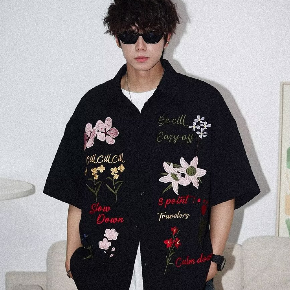 Retro Floral Embroidered Waffle Shirt