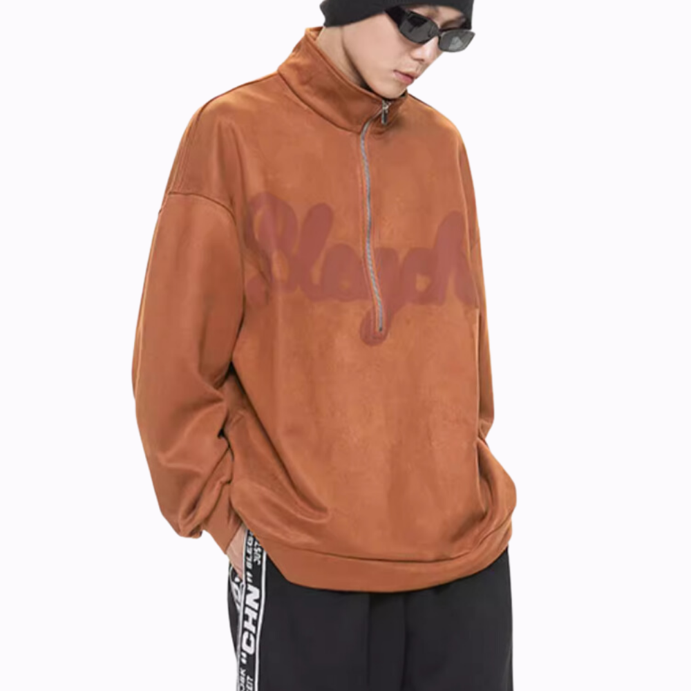 Distressed Suede Half-Zip Polo Sweatshirt