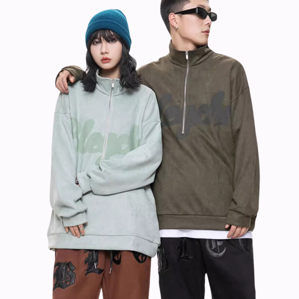 Distressed Suede Half-Zip Polo Sweatshirt