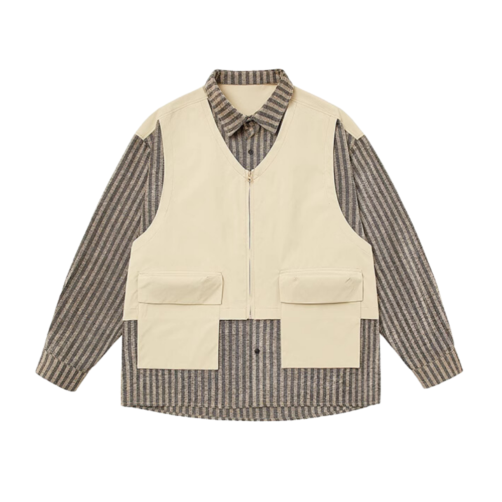 Retro Work Vest Striped Long Sleeves Shirt