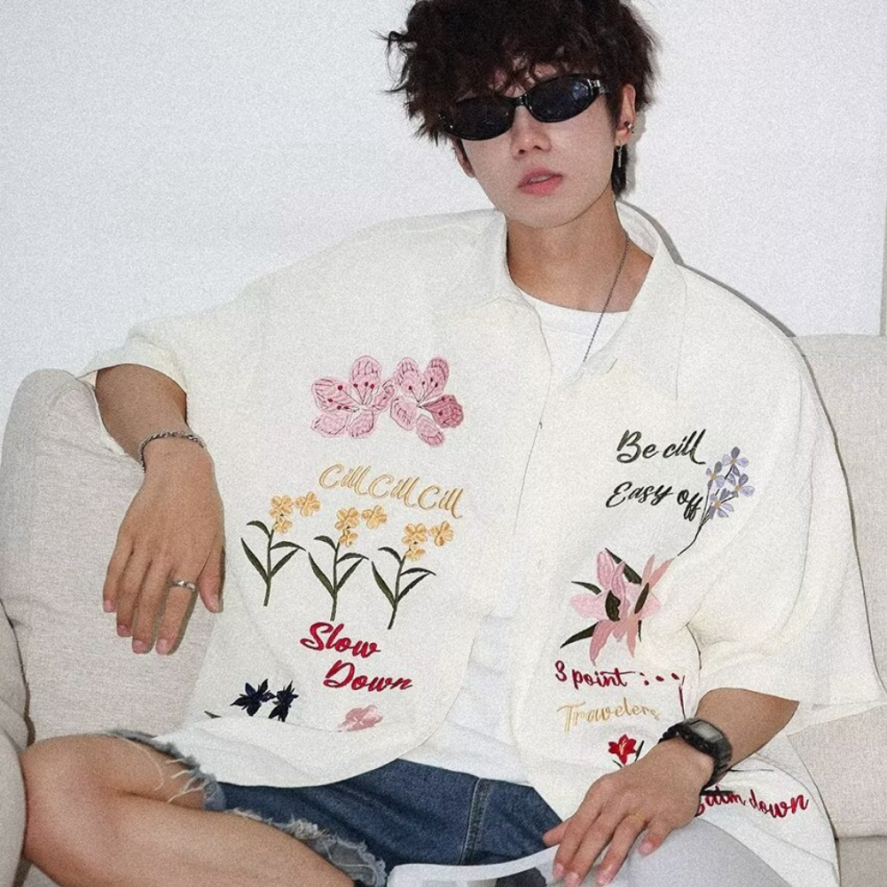 Retro Floral Embroidered Waffle Shirt