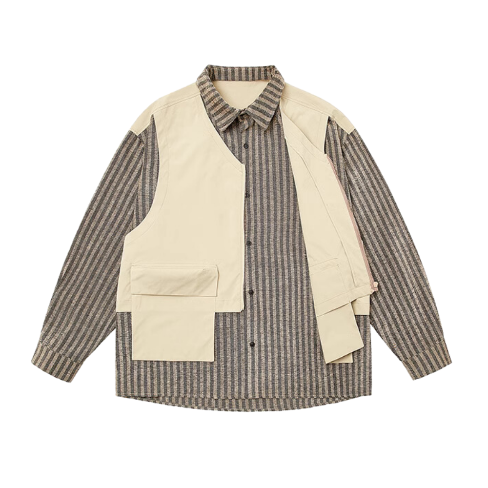 Retro Work Vest Striped Long Sleeves Shirt