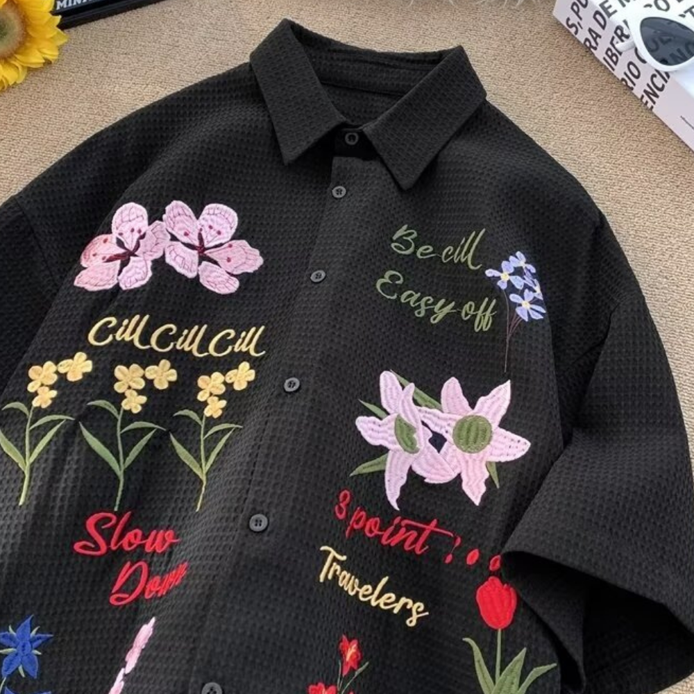 Retro Floral Embroidered Waffle Shirt