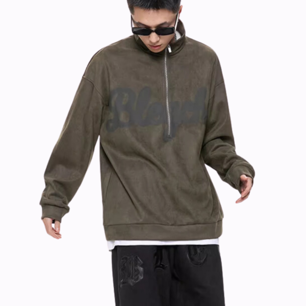 Distressed Suede Half-Zip Polo Sweatshirt