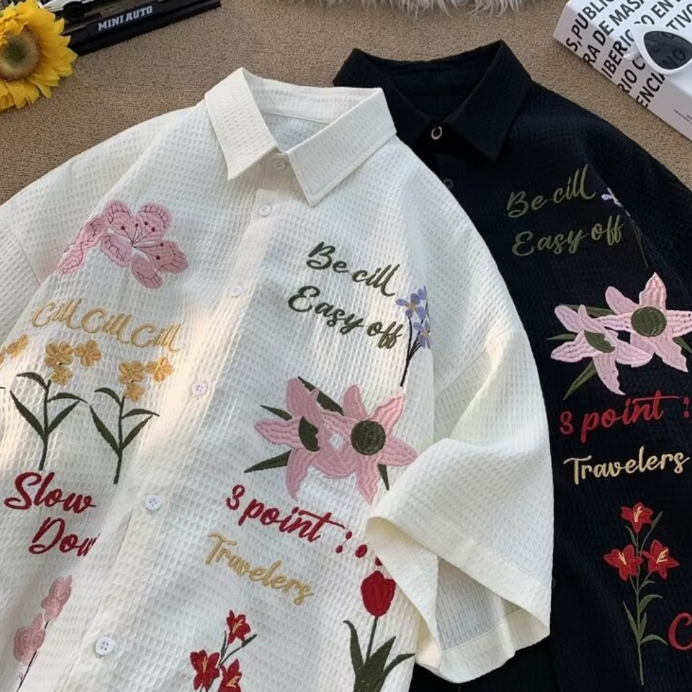 Retro Floral Embroidered Waffle Shirt