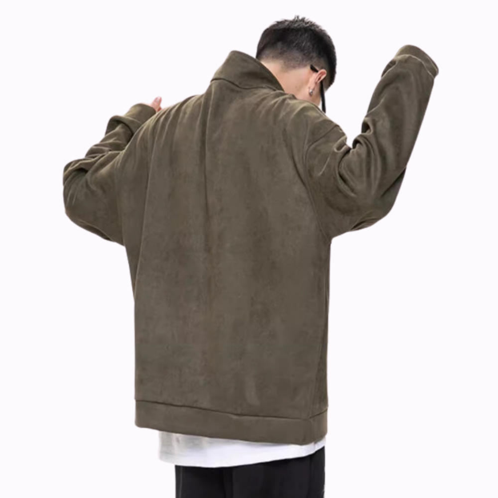 Distressed Suede Half-Zip Polo Sweatshirt