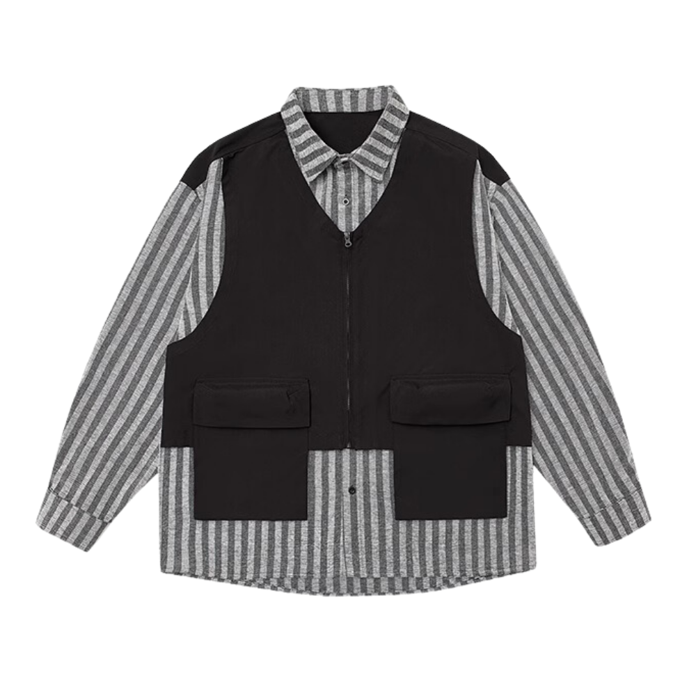 Retro Work Vest Striped Long Sleeves Shirt