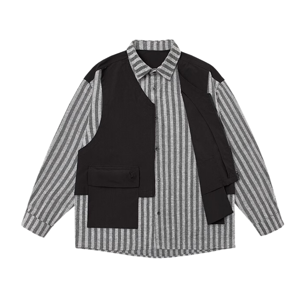 Retro Work Vest Striped Long Sleeves Shirt