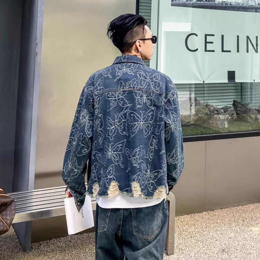 Butterfly Jacquard Ripped Denim Jacket