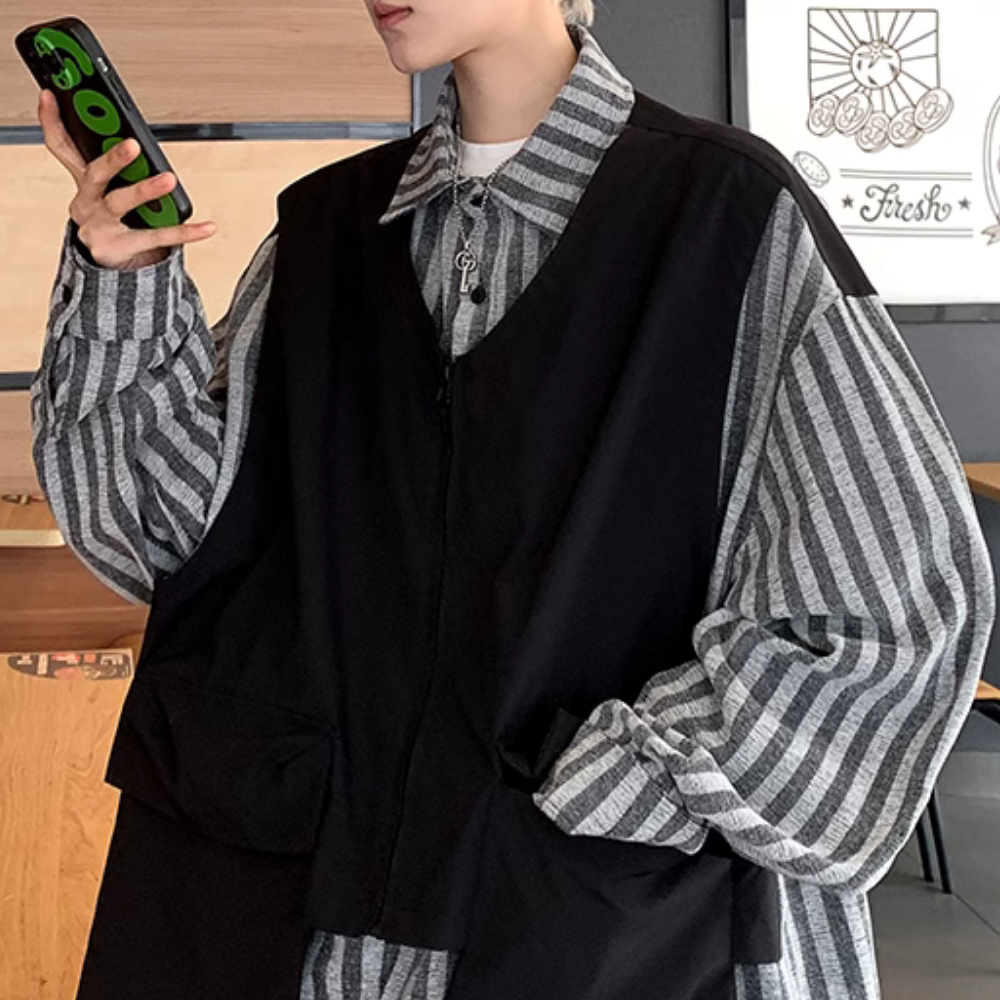 Retro Work Vest Striped Long Sleeves Shirt