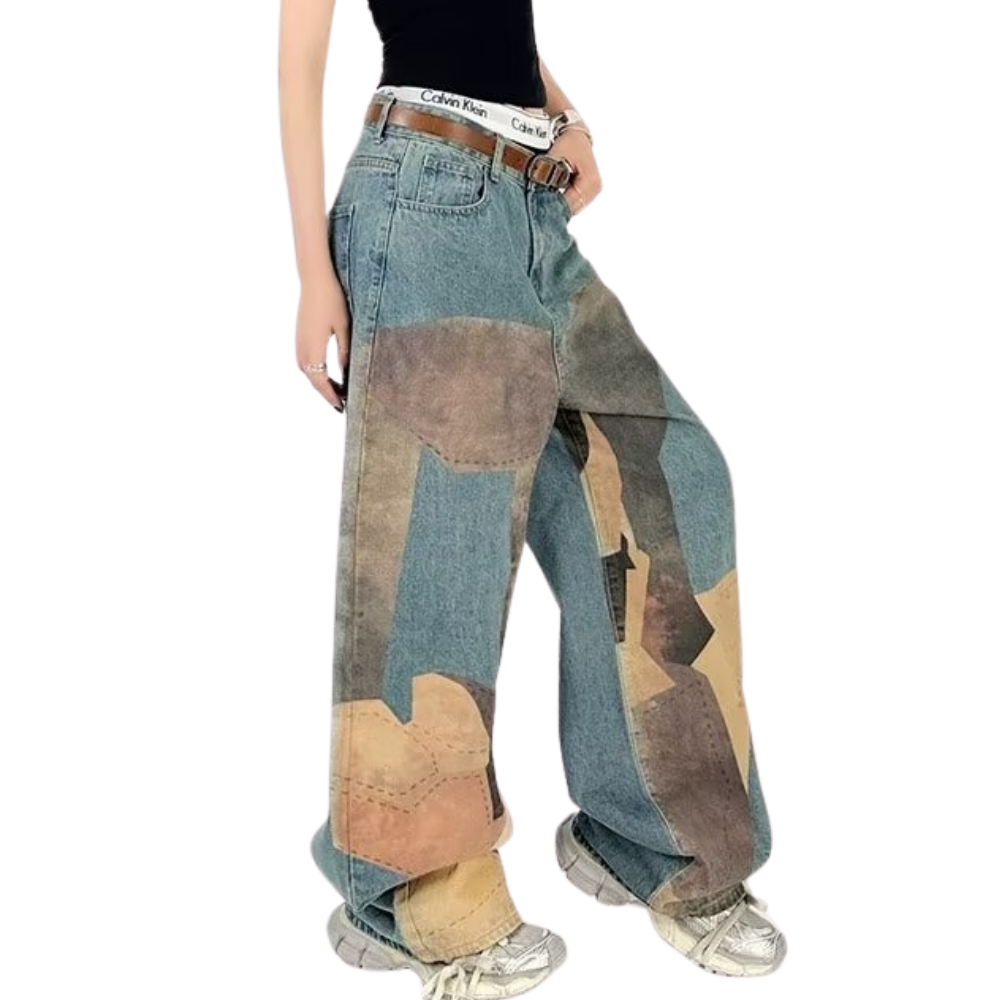 DF |Digital Print Contrast Color Stitching Jeans