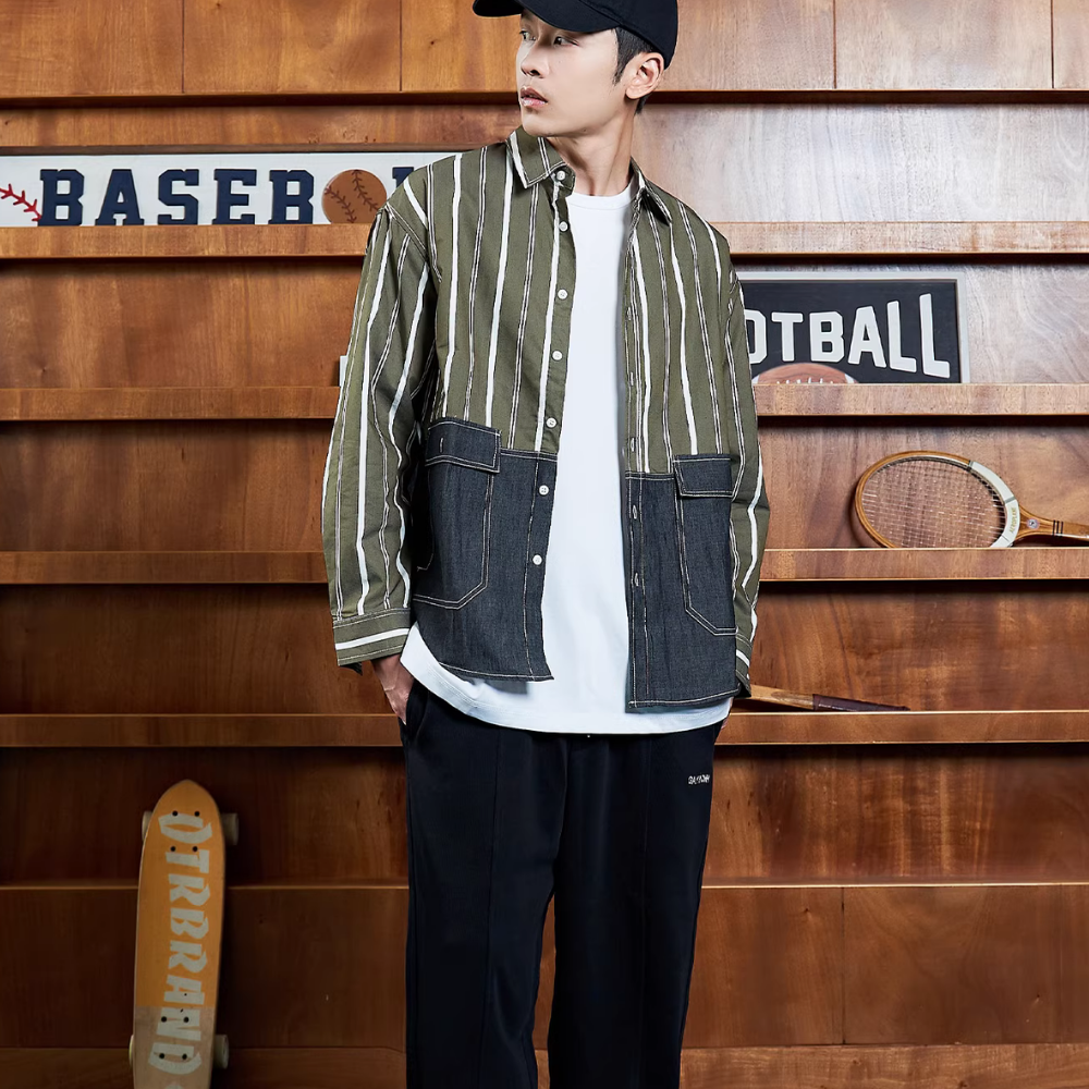 Denim Panel Striped Shirt