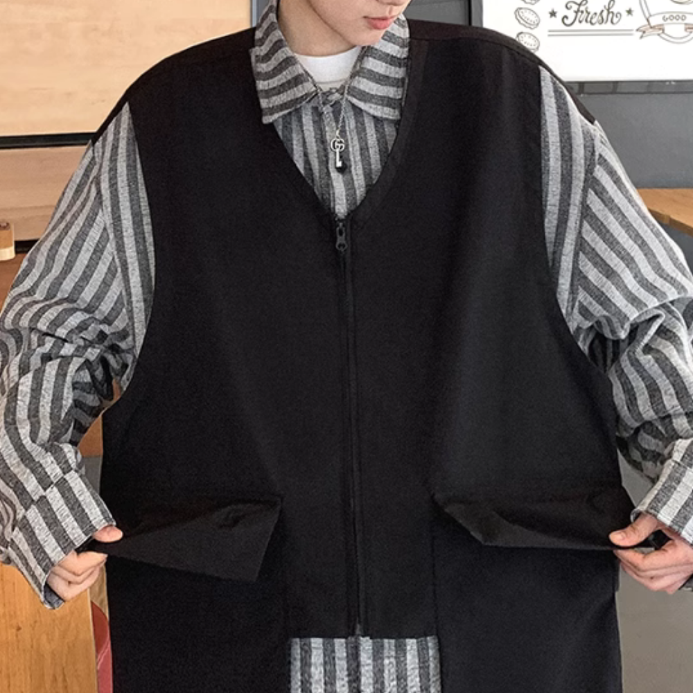 Retro Work Vest Striped Long Sleeves Shirt