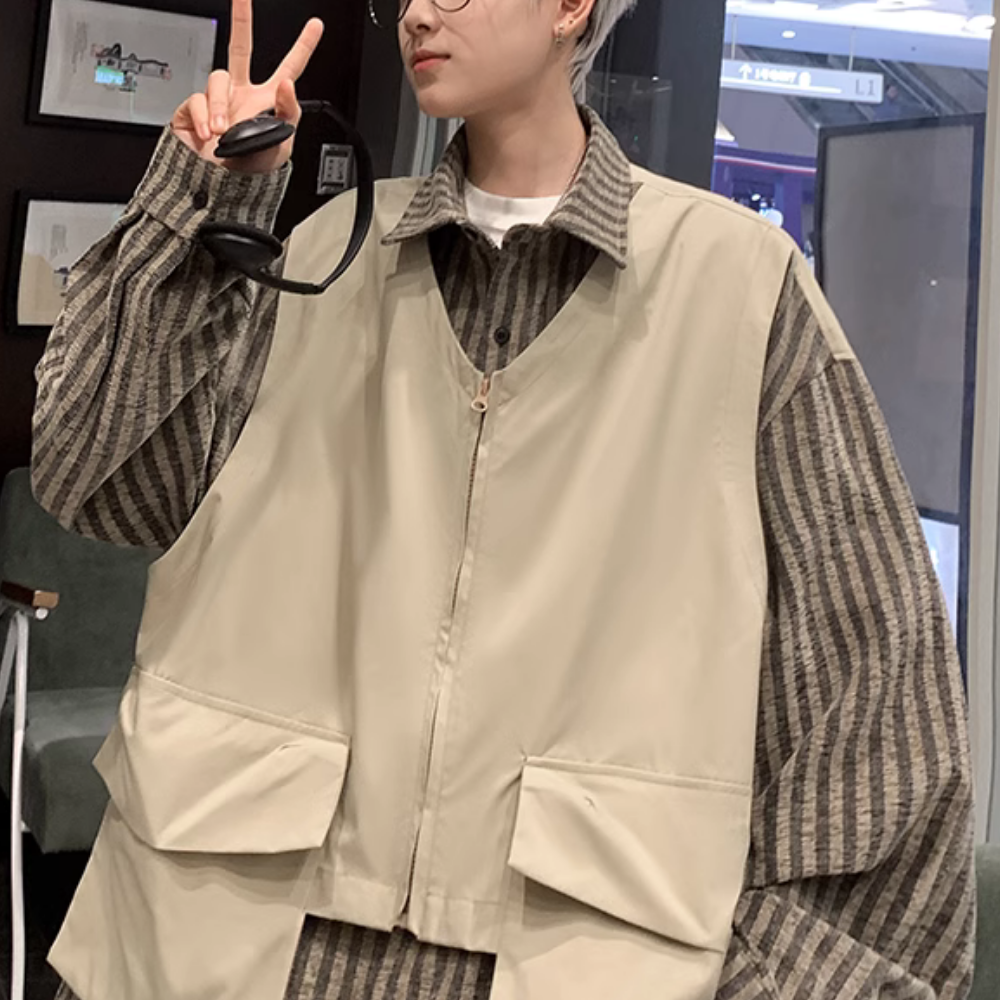 Retro Work Vest Striped Long Sleeves Shirt