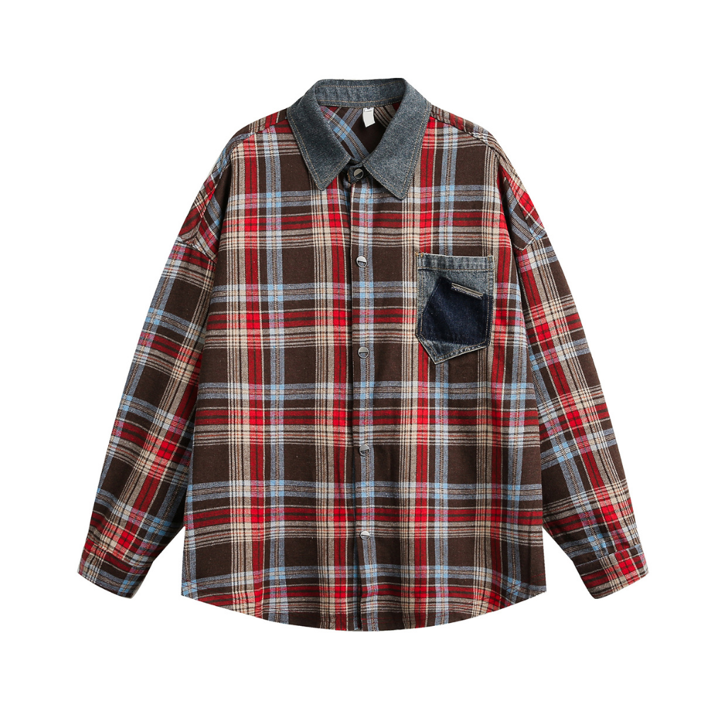 Denim Collar Pocket Plaid Shirt