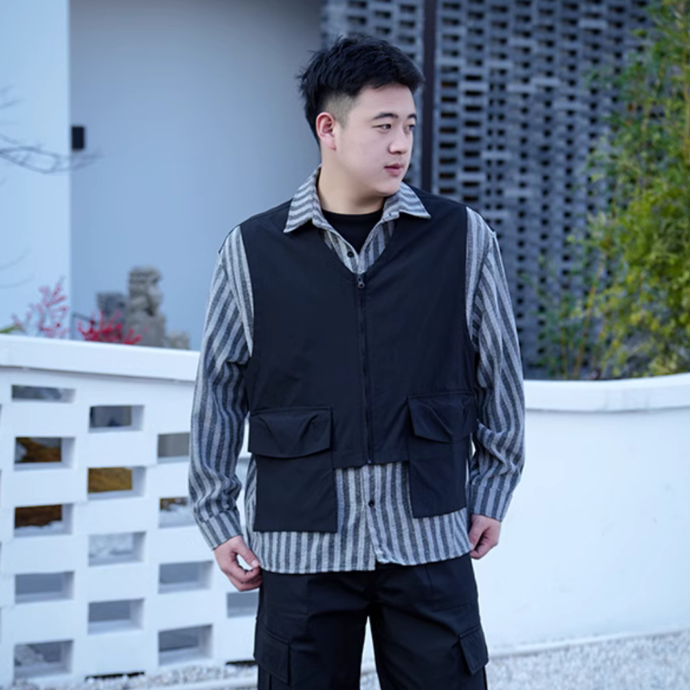 Retro Work Vest Striped Long Sleeves Shirt