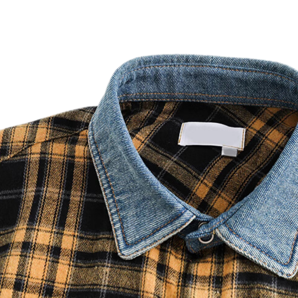 Denim Collar Pocket Plaid Shirt